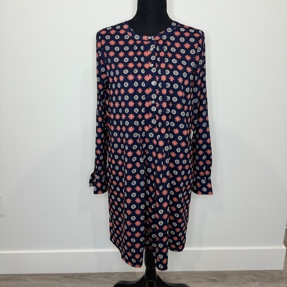 LOFT Dark Blue Long Sleeve Floral Print Midi Dress (S) - Picture 2 of 8